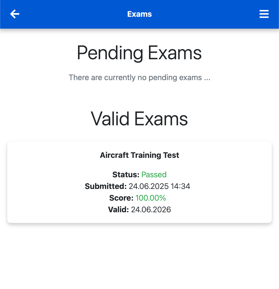 Exam menu overview